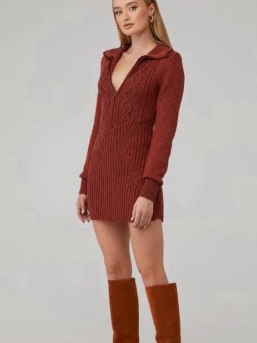 Free People Cable Knit Mini Sweater Dress in Rust